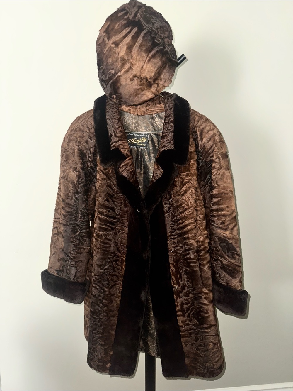 Vintage Lamb and Mink Brown Fur Coat with Matching Hat